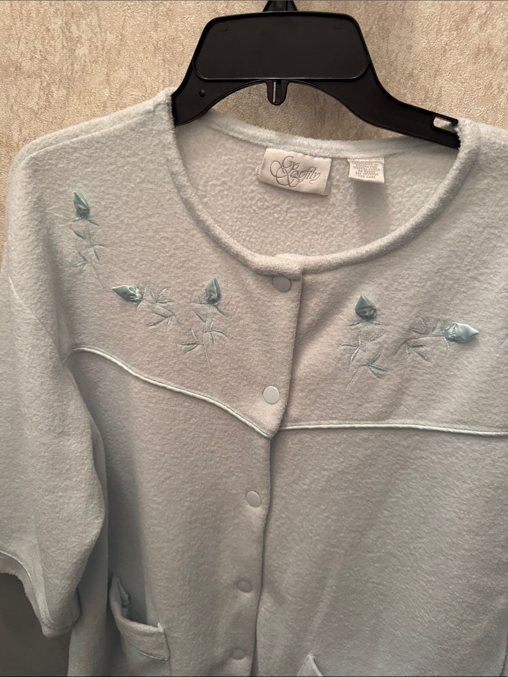 EUC Bed Jacket Light Seafoam Fleece Button-Up Top with Embroidered Detail - Picture 3 of 8